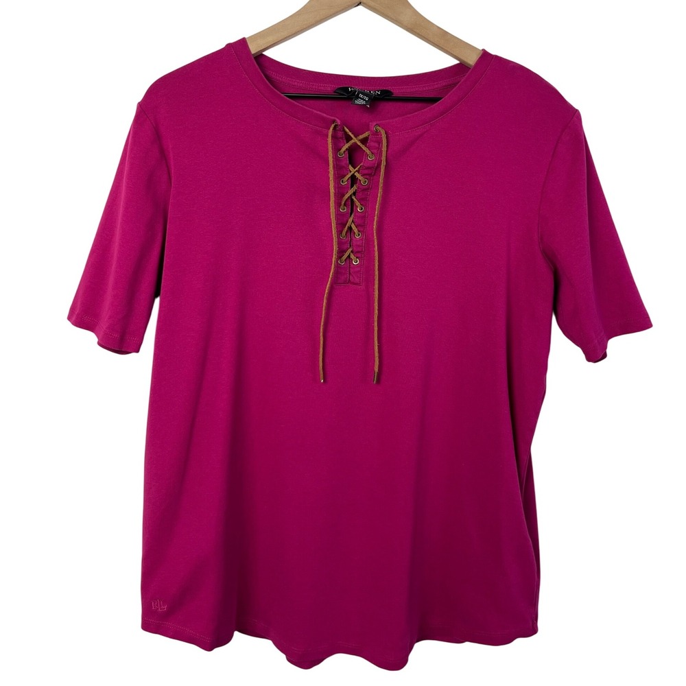Lauren Ralph Lauren Womens 1X Pink Lace Up Short Sleeve Knit Top Shirt